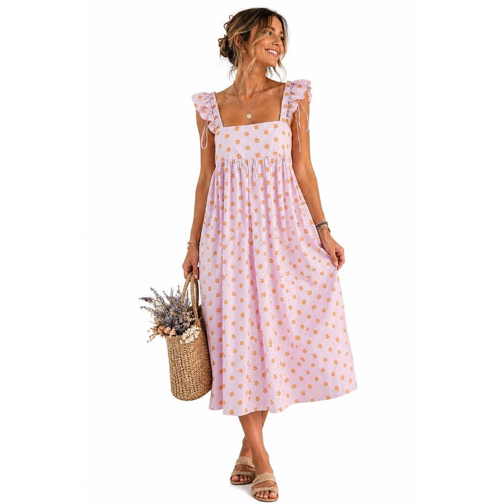 Moodie In The Sunshine Dress Large Pink Orange Floral Ruffle Midi M70629